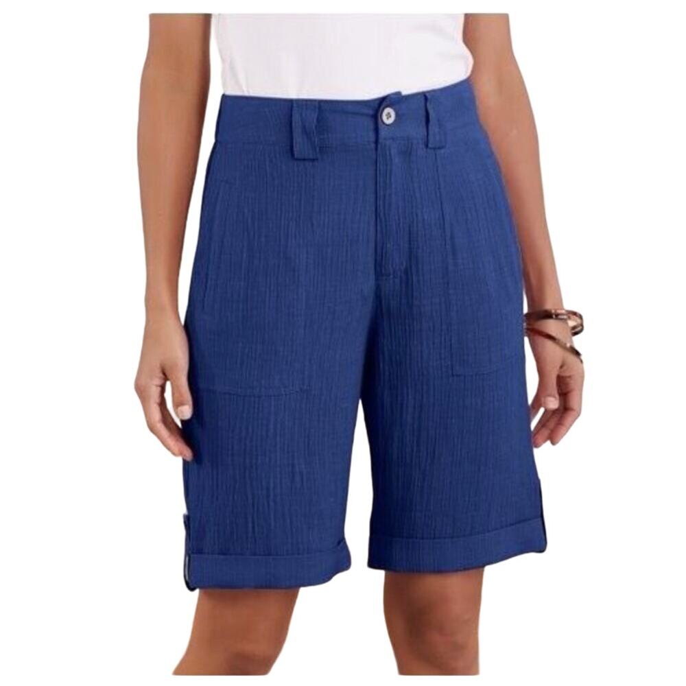 Soft Surroundings Shorts Womens High Rise 42x9.5 Cuff Zip Up Blue Cruise Size M